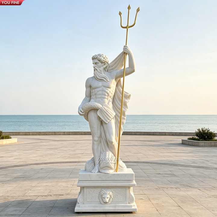 YOUFINE手彫り白大理石ポセイドン像ギリシャ海神ネプチューン彫刻