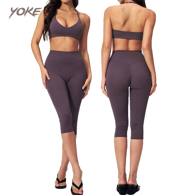 Custom LOGO Yoga Wear Hanging Neck Adjustable Strap Sports Bras Quick Dry Calf-Length Pants Sports Bra Set