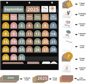Calendario de Bolsillo Grande Estilo Boho con 96 Tarjetas para el Aula, Calendario Mensual Negro y Tabla de Clima para el Aprendizaje de los Niños - Product Image 2