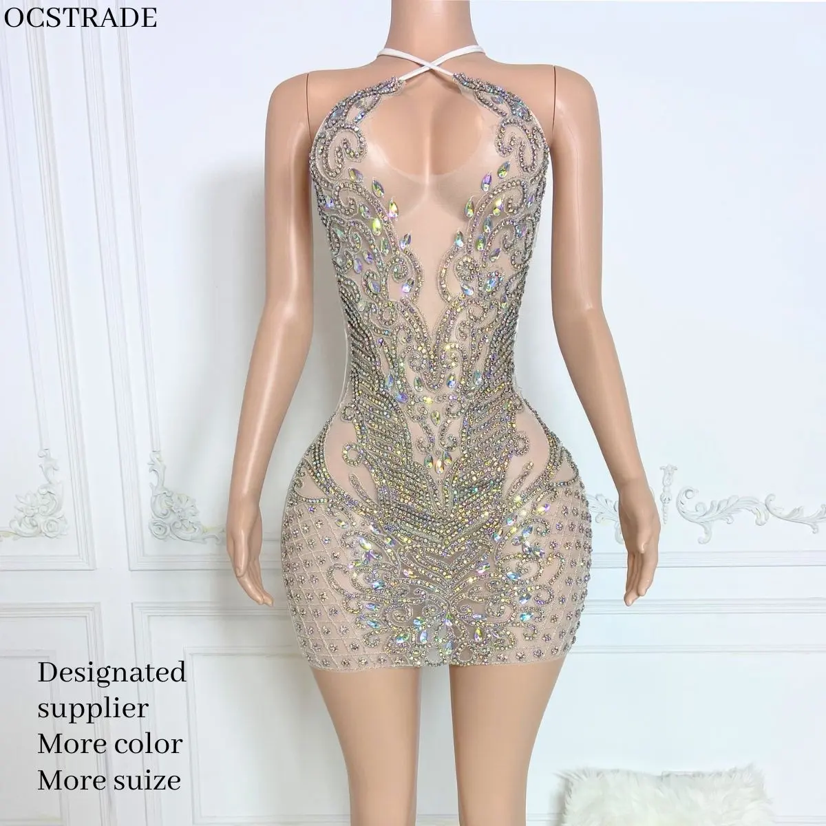 ऑक्स्ट्रेड समर 2024 हाल्टर नेक स्लिवर बर्थडे फोटोशूट ड्रेस महिला ग्लिटर स्फटिक क्रिस्टल स्फटिक ड्रेस