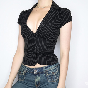 Chemise de costume rayée à manches courtes, col en V profond, boutonnée, chemise asymétrique courte pour le bureau - Product Image 6