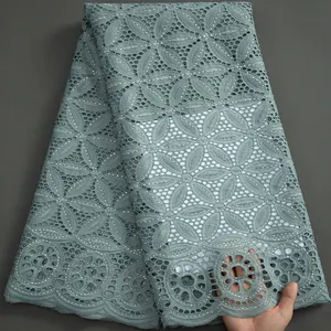 3254 Light Grey African Lace Fabric with Holes Thick Shining Embroidery Nigerian Cotton Lace Fabrics with Rhinestones for Party