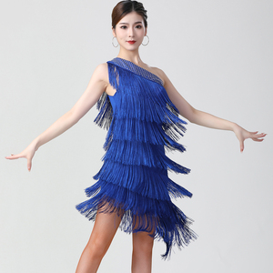 Vestido de baile latino de salsa y rumba para mujer, sexy, de un solo hombro, con flecos escalonados, pedrería y borlas, para actuaciones. - Product Image 2