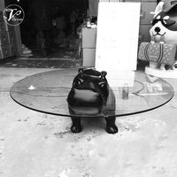 Table basse créative moderne en fibre de verre en forme d'hippopotame avec dessus en verre rond