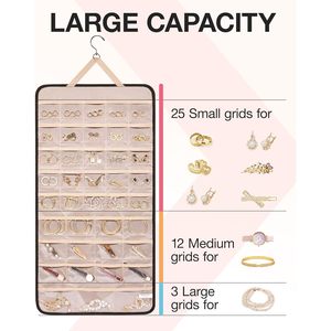 Organizador de joyas colgante, rollo de almacenamiento de doble cara con colgador para pendientes, collares, pulseras, anillos, relojes - Product Image 5