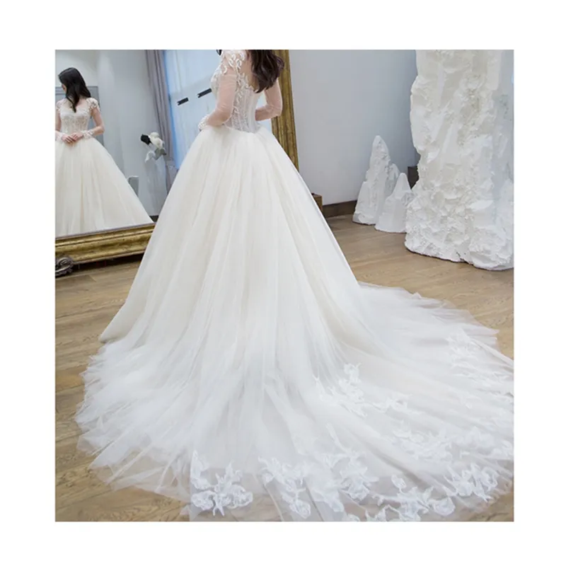 High Quality Cutout Fine Printed Lace Tulle long sleeves Wedding Dress