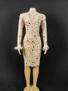 Abito da Donna Sexy per Spettacoli con Cristalli Colorati, Perle e Rete, per Danza dello Xinjiang, Serate di Gala, Trasparente, Multicolore, con Strass, per Compleanno - Product Image 1