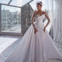 Nouvelle Robe de Mariée Sirène Africaine Élégante en Satin, Coupe Ajustée avec Longue Robe de Soirée en Dentelle Amovible pour Fêtes ou Demoiselles d'Honneur