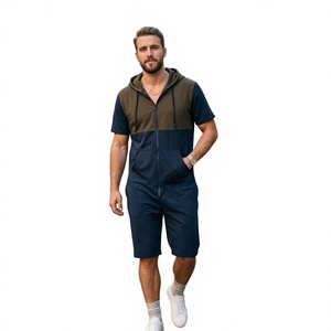 Ensemble short et sweat à capuche zippé pour homme, color block, respirant, tricoté, vêtements d'extérieur d'été, personnalisable OEM - Product Image 1