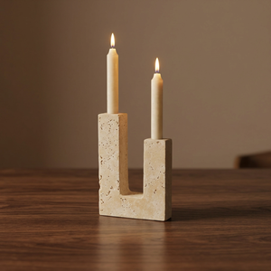 Porte-bougie en pierre de travertin géométrique, design moderne en cubes empilés, ajoute une élégance artistique et un luxe naturel à toute décoration intérieure - Product Image 1