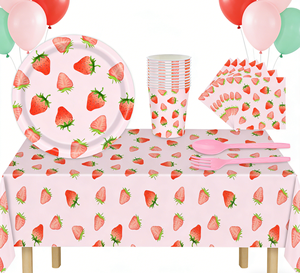 <span class=keywords><strong>Vaisselle</strong></span> jetable rose pour fête d'anniversaire sur le thème des fraises, baby shower, pique-nique, pour filles - Product Image 3
