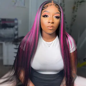 Virgin Hair Human 13x4 Lace Frontal Highlighted Wig Pink And Black Mix Color Lace Straight Human Wig for Black Women