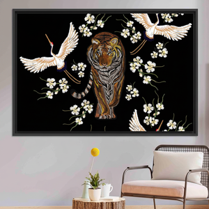 Elegant Printed Canvas Artwork: Japanese Decor with Tiger and Cranes,<b>BLACK</b> <b>FRAMED</b> CANVAS - Product Image 3