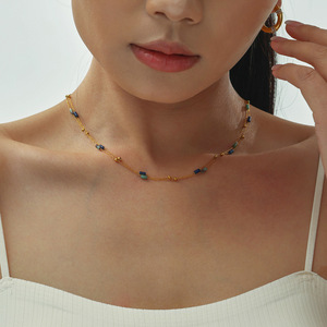 Collana con Catena a Croce Dorata in Acciaio Inossidabile Stile Ruota Panoramica, Collana Artigianale con Perle di Pietra Naturale, Collana a Catena per Clavicola in Lapislazzuli - Product Image 4