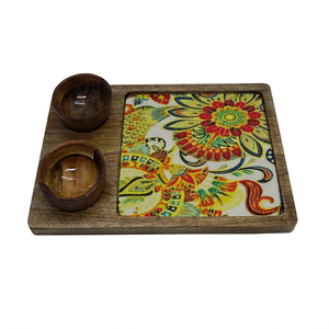 Solid Color Enamel Classic Rectangle Wooden Chip and Dip Platter with Dip Bowl <b>Tray</b> for Serving <b>Snacks</b> and Starters - Product Image 1