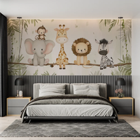 Papier peint adhésif mural souple à l'effigie d'animaux de la jungle en aquarelle, personnages animaliers fantaisistes pour chambre d'enfant douillette