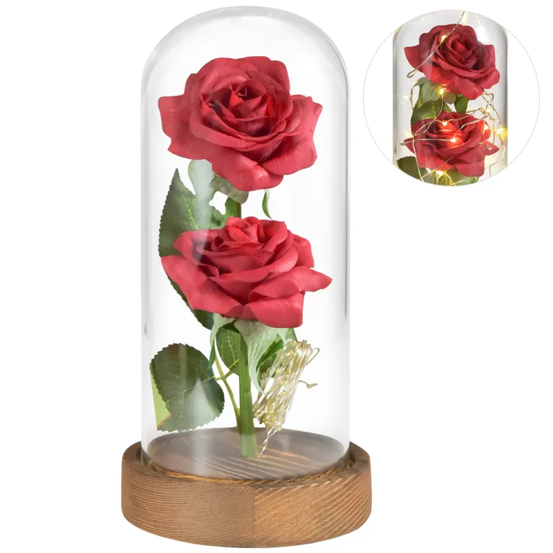 Mother Day Gift Wholesale Eternal Artificial Flowers Glass Dome Decorative Flowers with Base Eternal Led Roses for Mom
