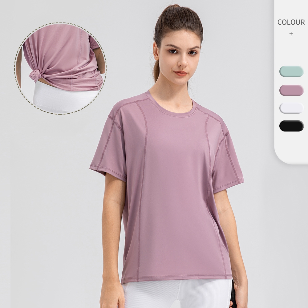 Women's Loose Fit Knitted Fleece Sports Short Sleeve Quick-Dry Breathable Running Fitness T-Shirt Moisture-Wicking Logo Print