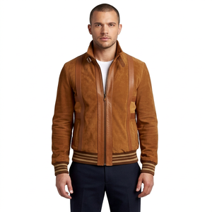 Wholesale <b>Men</b> <b>Suede</b> Bomber <b>Jacket</b> Vintage Cognac Custom Slim Fit Leather Trim Ribbed Eco-Friendly Windproof Outerwear Factory - Product Image 1
