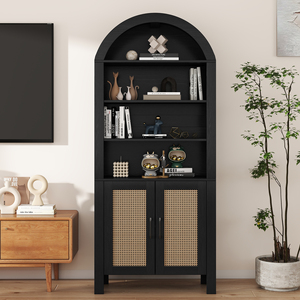 Étagère arquée avec portes en rotin, étagères réglables, armoire de rangement haute et spacieuse pour salon, bureau à domicile - Product Image 1