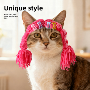 قبعة شعر مستعار للحيوانات الأليفة، للقطط والكلاب، زي تنكري مضحك قابل للتعديل وذو تهوية جيدة، مصنوعة من الصوف المحبوك بنقشة حيوانات، مناسبة لجميع الفصول، إكسسوار لطيف للتصوير - Product Image 3