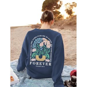เสื้อสเวตเชิ้ตผู้หญิงลายดอกไม้สไตล์คริสเตียน ทรงโอเวอร์ไซส์ ระบายอากาศได้ดี ผ้าถักลายข้อพระคัมภีร์สดุดี 136:1 - Product Image 3