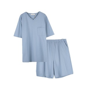 PJ-1456 Conjunto de Pijama de Algodón para Hombre, Manga Corta y Pantalones Cortos, Azul Océano/Azul Claro, Corte Holgado, Ropa de Dormir de Verano para Hombres Jóvenes - Product Image 5