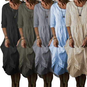 2026 Solid Color High Waist Women Garment Cotton Pleated Loose Literary Dress - Product Image 1