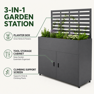 Galvanized Steel <b>Planter</b> <b>Box</b> With Storage Cabinet Built-In Trellis Raised Garden for Climbing Plants Patio OEM Wholesale - Product Image 2