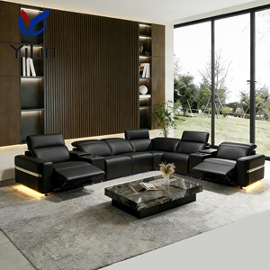 Canapé d'angle modulaire inclinable en cuir véritable en forme de U, avec double moteur et éclairage d'ambiance, pour salon - Product Image 1