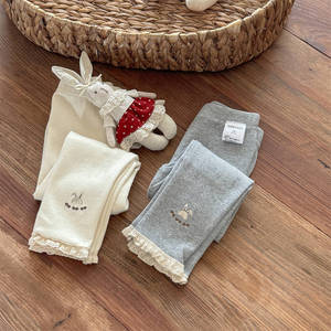 Girls Knitted Leggings Off White Grey Cotton Cartoon Rabbit Embroidery Spring Autumn Wear - Product Image 1