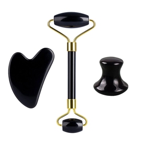 Gua <span class=keywords><strong>sha</strong></span>-Rodillo de jade para el cuidado de la piel, conjunto de rodillo de jade de cristal obsidiana, color negro, 100% - Product Image 4