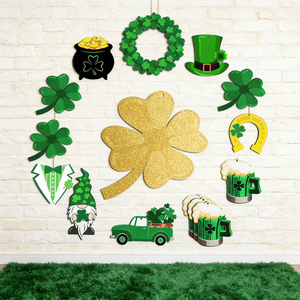 เครื่องประดับแขวนไม้ลายโคลเวอร์ 15 ชิ้น พร้อมลายตาราง จุด และคำมงคลนำโชค ด้วยเชือกปอกระเจาสำหรับตกแต่งผนังงานปาร์ตี้ - Product Image 4