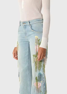 Jean droit décontracté chic et vintage pour <span class=keywords><strong>femme</strong></span>, taille <span class=keywords><strong>mi</strong></span>-haute, avec franges et pompons colorés sur le côté, bleu clair, idéal pour le printemps - Product Image 2