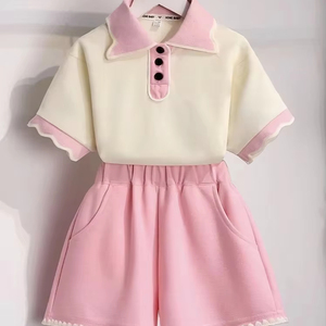 Set di <span class=keywords><strong>polo</strong></span> e pantaloncini color block per ragazze, completo casual con bordi ondulati per bambini piccoli, abbigliamento estivo traspirante per bambini - Product Image 1