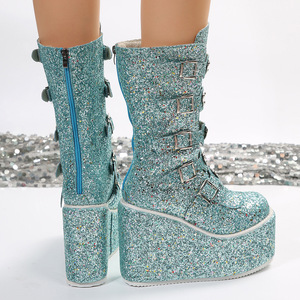 Nuovo arrivo scarpe glitterate con cerniera autunno inverno con cerniera spessa con zeppa goth rosa <span class=keywords><strong>blu</strong></span> <span class=keywords><strong>stivali</strong></span> alti al ginocchio da <span class=keywords><strong>donna</strong></span> - Product Image 4