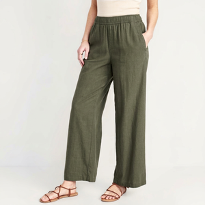 Pantalones de Lino Verde de Alta Calidad para Mujer, de Pierna Ancha, Largos hasta el Tobillo, Ecológicos, Transpirables, Casuales, de Cintura Media, con Cierre Elástico en la Cintura - Product Image 1