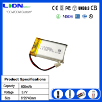 Batterie médicale rechargeable Li-Polymère OEM ODM 3.7V 602540 600mAh LN 6*25*40mm pour dispositifs portables