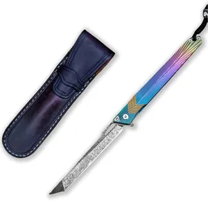 Premium Sweden Powder Damascus Steel Slim Pen Tanto Point TC4 Titanium Alloy Handle Pocket Knife with Clip And Leather Sheath