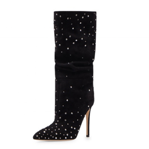 Women's Suede Diamonds Knee High Boots Sexy Pointy Toe Stiletto Shoes Woman <b>Long</b> Boots Custom Logo Sizes Booties - Product Image 2