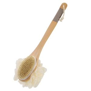 Lotus Wood Long Handle Bath Brush 2 in 1 Boar Bristle and Mesh Pouf Body Back Scrub Brush for <strong>Shower</strong> Bath Exfoliating Care - Product Image 1