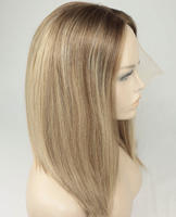 Perruque Sheitel Kosher en Cheveux Humains Vierges, Dessus en Soie, Blond Mèches, Lisse, Effet Cuir Chevelu Réaliste, pour Patients Atteints de Cancer et Perte de Cheveux Médicale