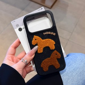 Cute cowboy leather embroider plush brown horse phone case stitchwork <b>back</b> cover for iPhone 11 pro max 12 13 14 15 16 17Air - Product Image 4