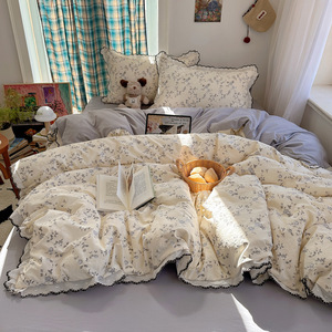 Parure de lit vintage à volants floraux 100 % coton pur, douce pour <span class=keywords><strong>la</strong></span> peau, style <span class=keywords><strong>princesse</strong></span> coréenne, disponible en 4 pièces - Product Image 1