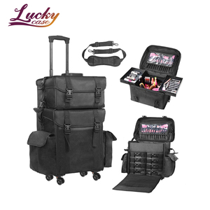 Rolling <strong>Makeup</strong> Bag Trolley 2 in 1 Travel Cosmetic Train <strong>Cases</strong> <strong>on</strong> <strong>Wheels</strong> Nylon Black Bags for Professional Make up Artist Storage - Product Image 1