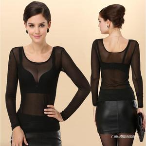 Camiseta de manga larga de malla transparente para mujer, negra, ajustada, elástica, de color liso - Product Image 3