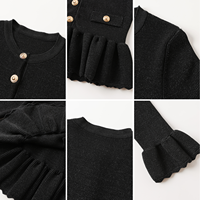 Ensemble deux pièces élégant en tricot à volants pour femme : haut à col rond et manches évasées + mini-jupe évasée avec boutons dorés