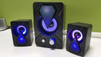 Speaker Gaming USB Portabel untuk Laptop dengan Lampu LED RGB 2.1 Backlit untuk Penggunaan di Luar Ruangan, Dalam Ruangan, Komputer, Kantor, dan Tablet