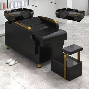 Sillón de Lavado de Cabello Reclinable Moderno Negro y Dorado con Lavabo de Cerámica para Salón de Belleza Profesional - Product Image 2