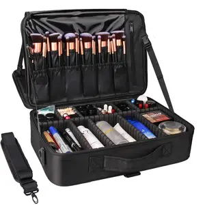 Large Travel Makeup Bag/Train Case 3 Layer Portable Cosmetic Organizer With Shoulder Straps Multi Functional Cosmetic Bag